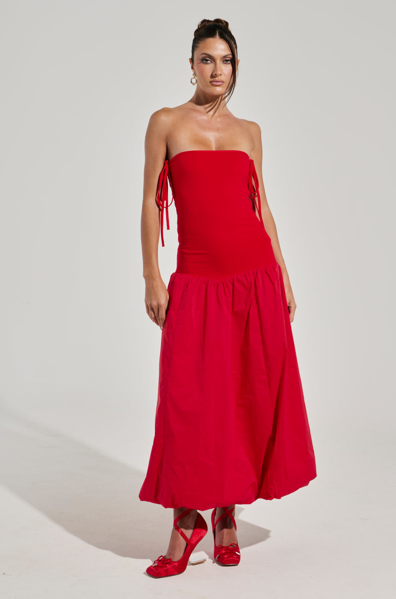 SITTING PRETTY POPLIN MIDI DRESS IN RED