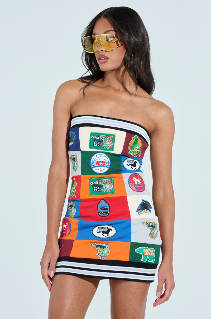 ALL AROUND THE WORLD PATCHWORK MINI DRESS