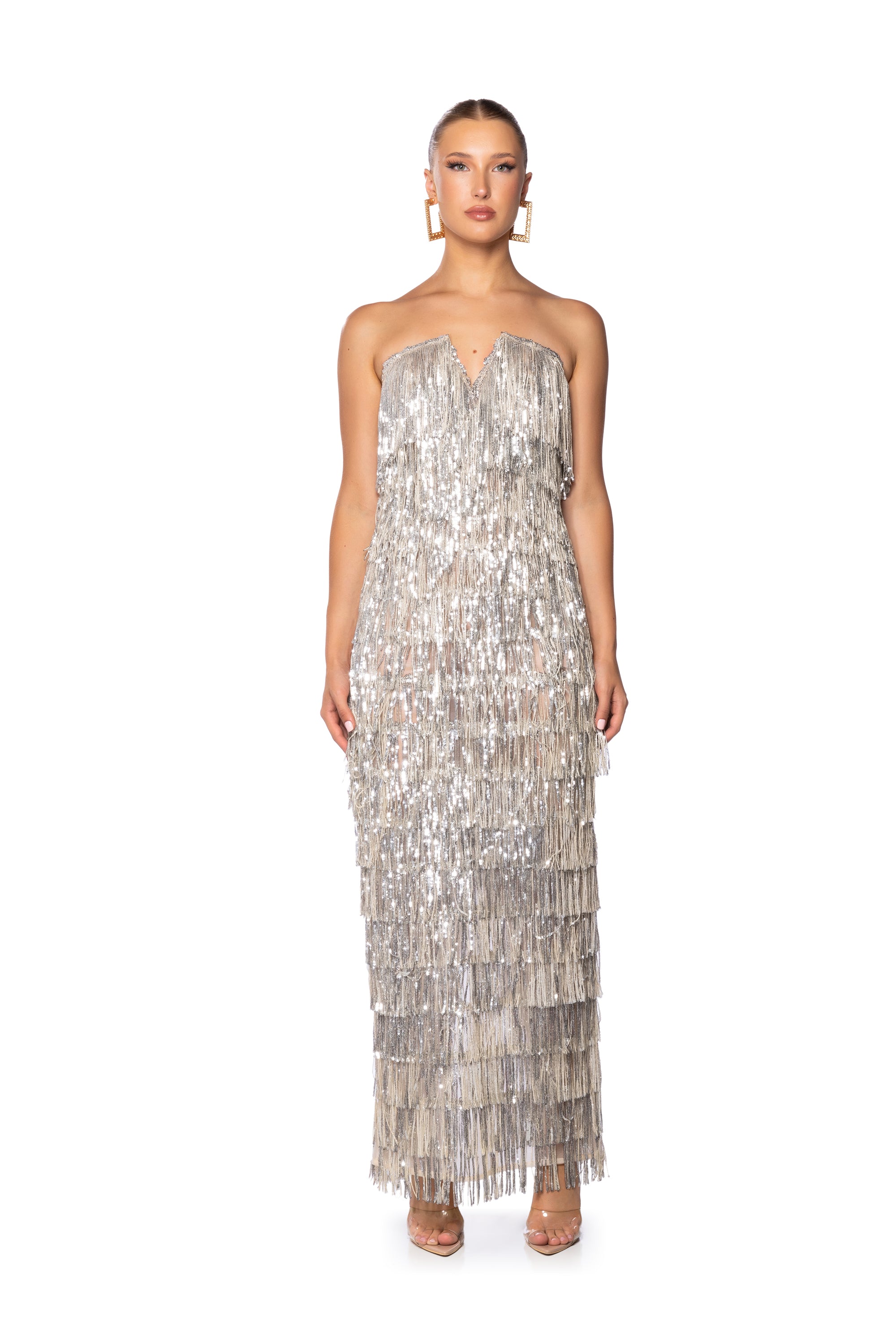 TOP OF THE WORLD STRAPLESS SEQUIN FRINGE MAXI DRESS IN SILVER MULTI