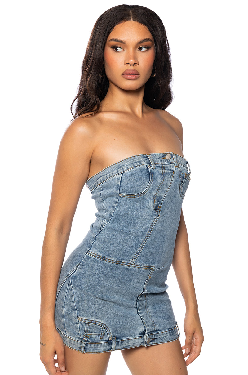 SEEING DOUBLE STRAPLESS DENIM MINI DRESS