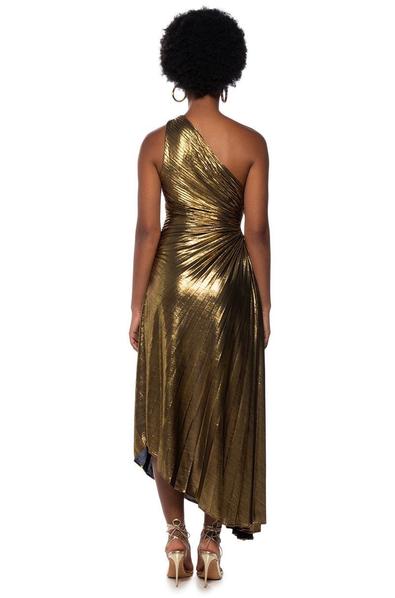 ELEVATE ME PLEATED CUT OUT METALLIC MIDI DRESS