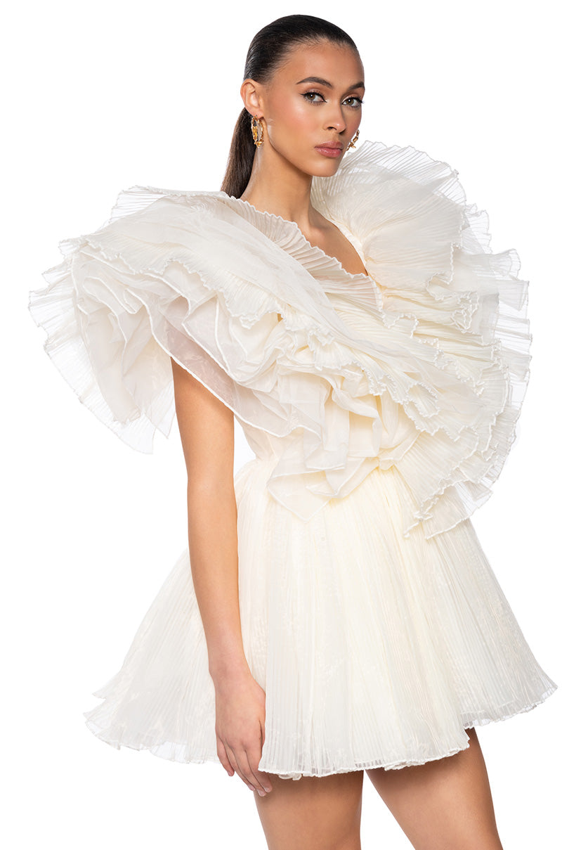 EVER AFTER RUFFLE SLEEVE PLEATED A LINE MINI DRESS IN IVORY