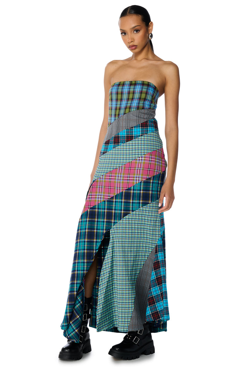 PATCHIN IT UP PLAID MAXI DRESS