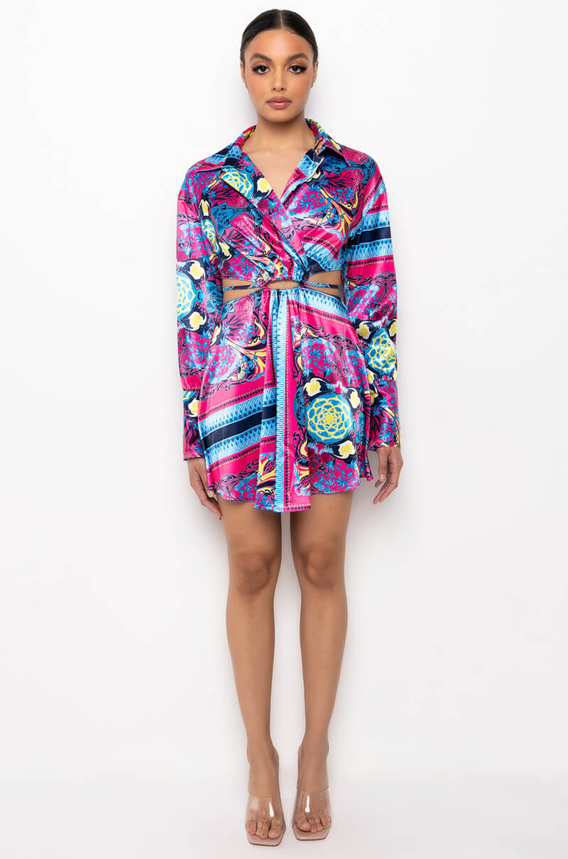 TIE BACK SCARF PRINT SHIRT DRESS