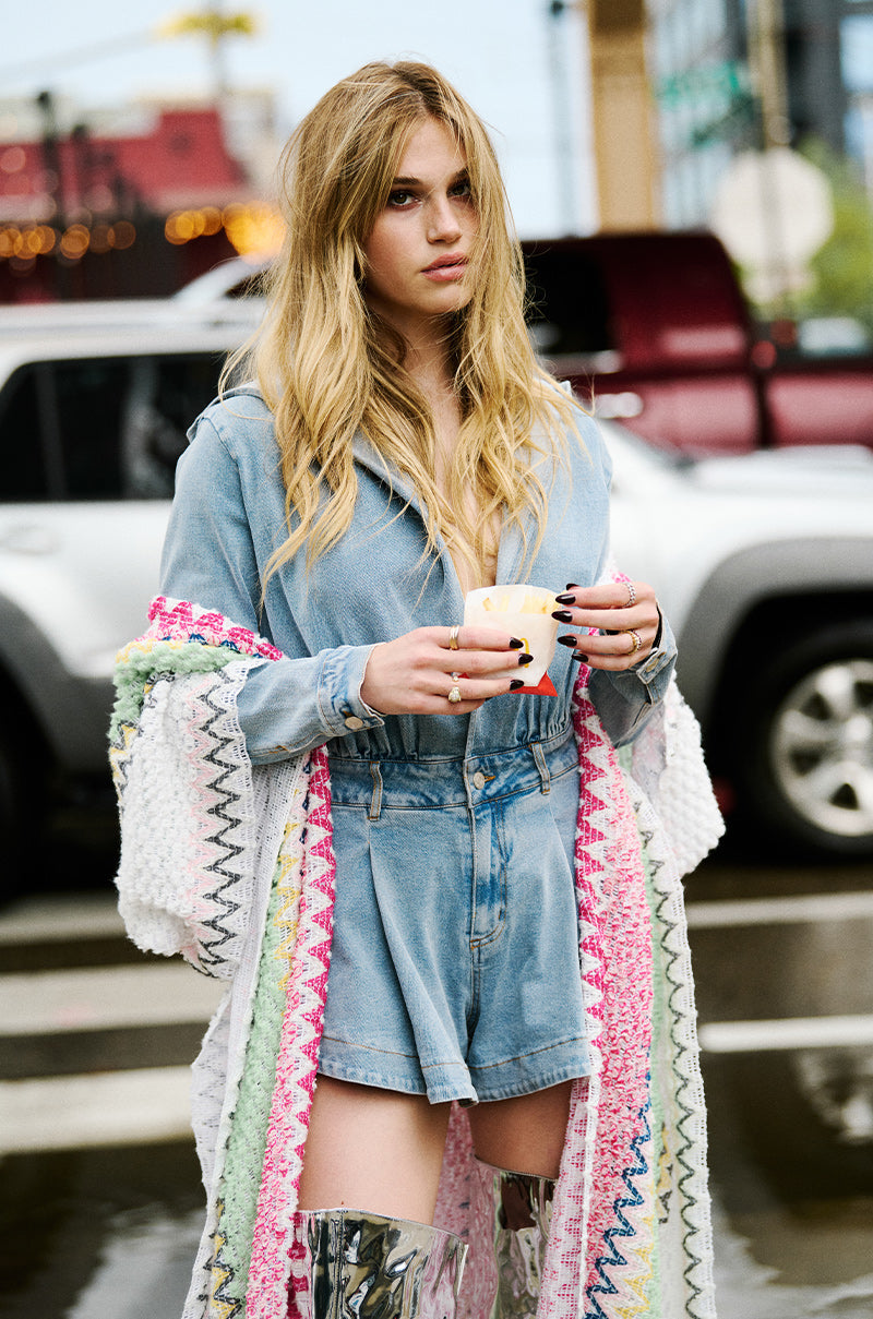 CHILL MORNING HOODED DENIM ROMPER