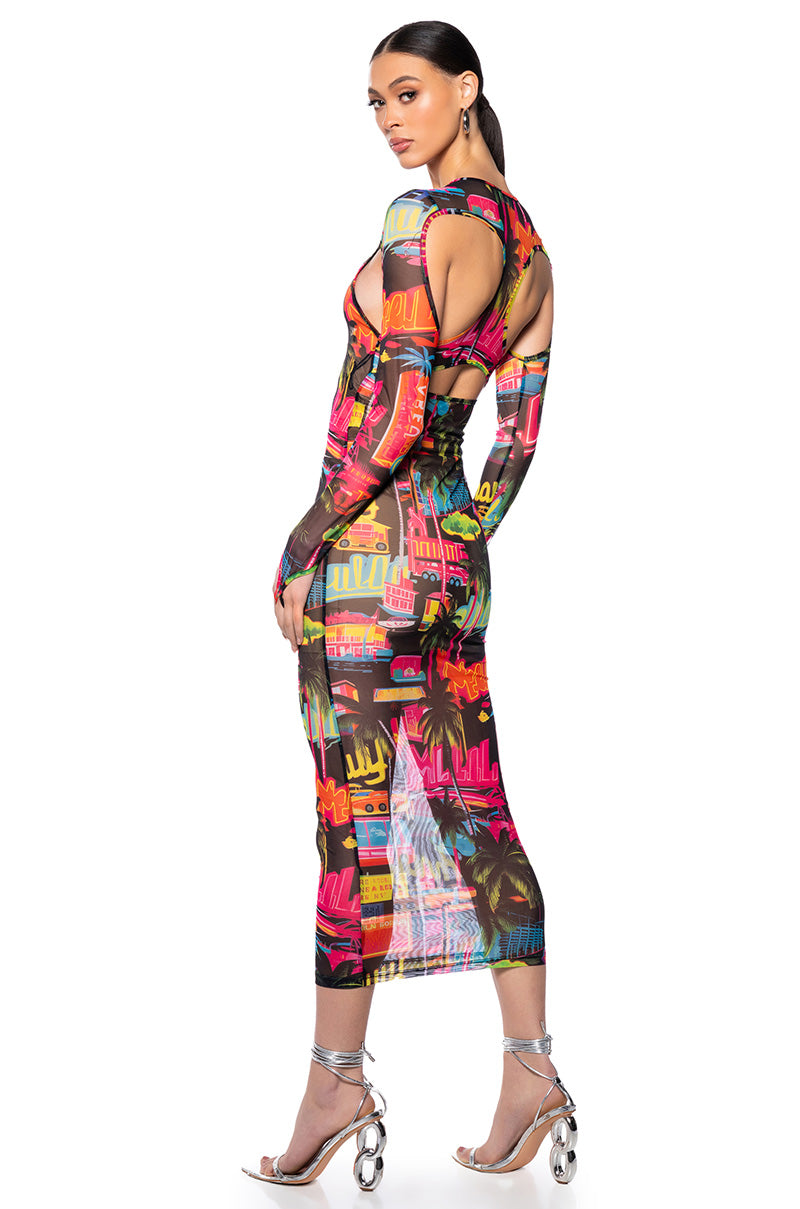 MIAMI VIBES PRINTED MESH MAXI DRESS