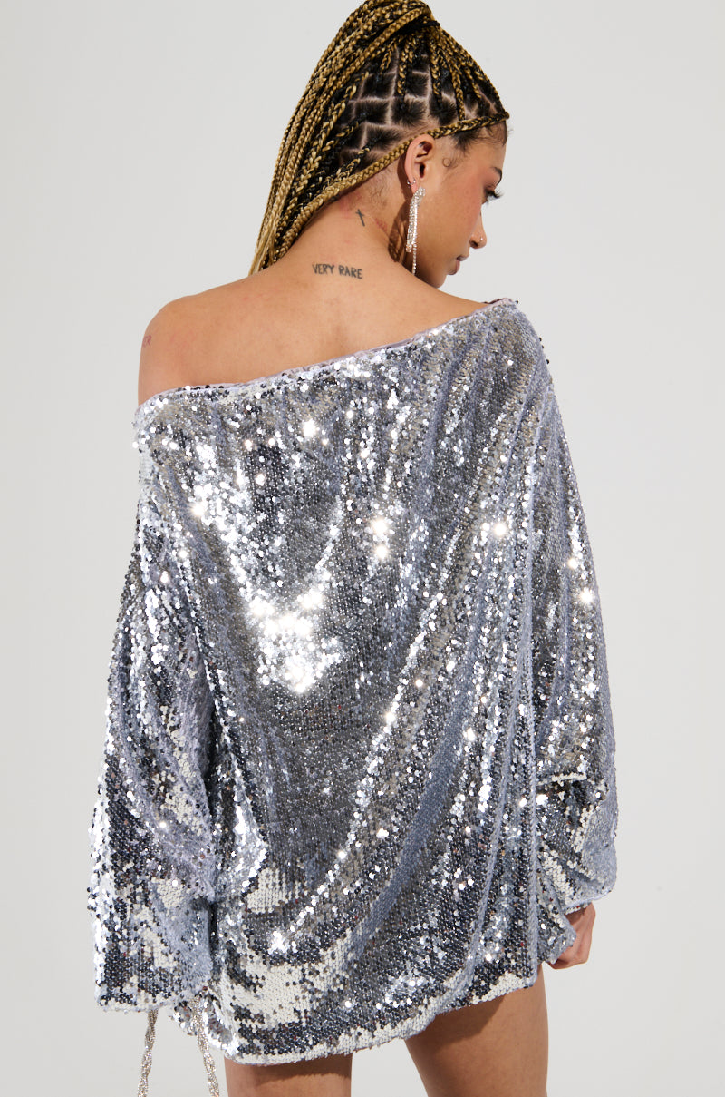 GEMMA OFF THE SHOULDER VOLUMINOUS SEQUIN MINI DRESS IN SILVER