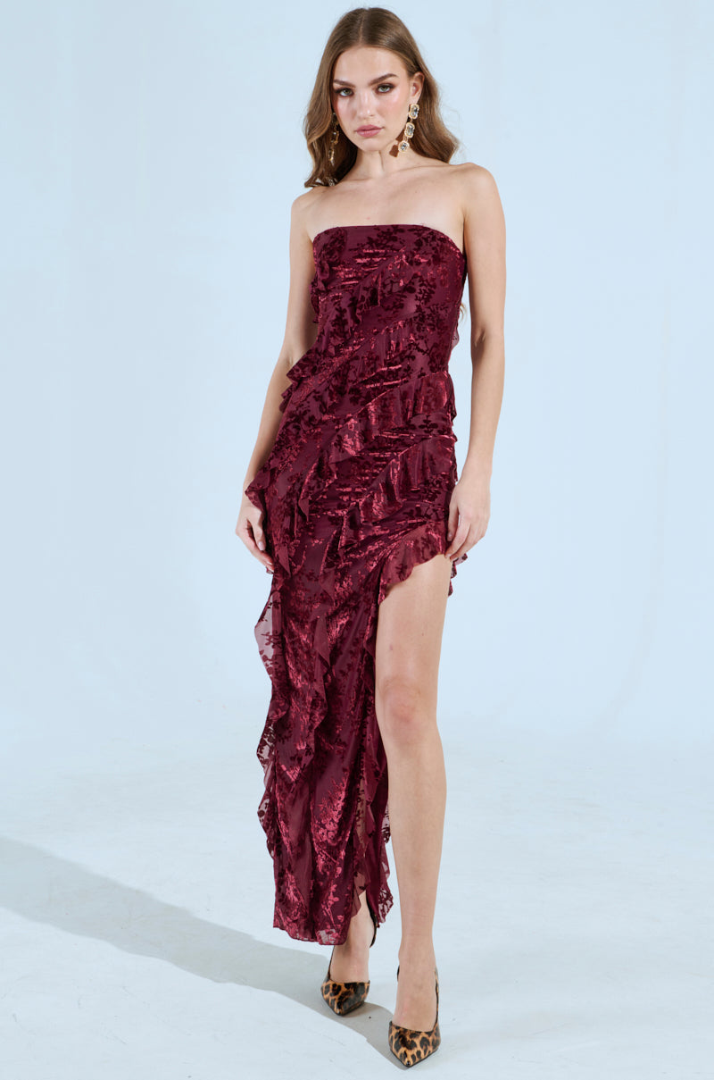 CYRUS VELVET MAXI DRESS IN BURGUNDY