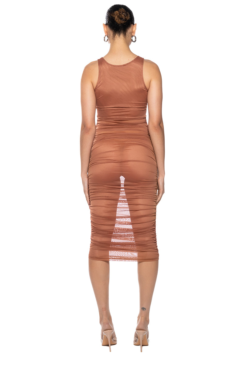 ECHO MESH RUCHED SLEEVELESS MIDI DRESS