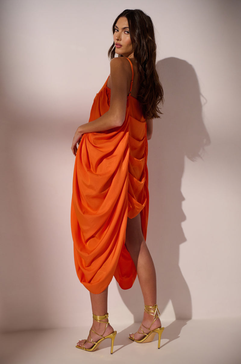 SMOOTH OPERATOR RUCHED MINI DRESS IN ORANGE