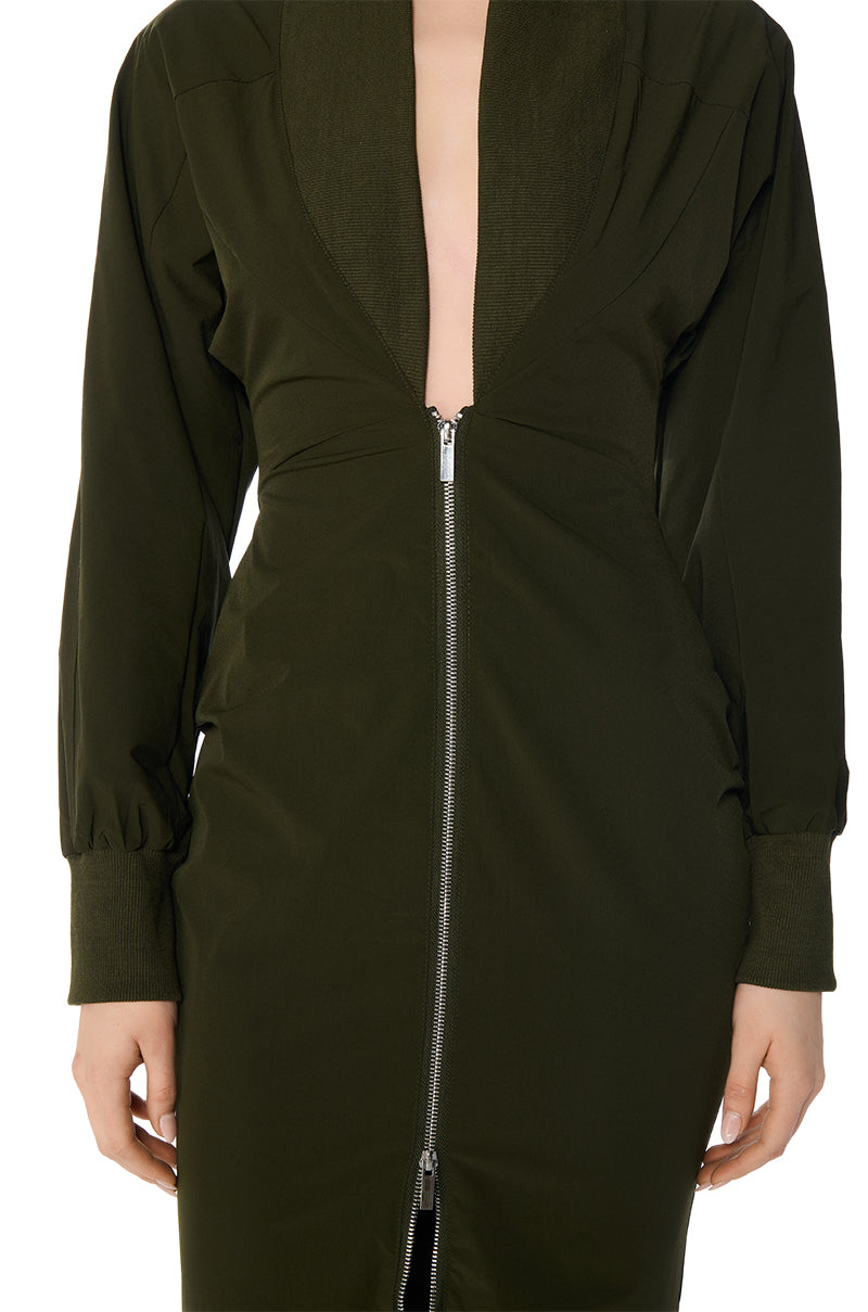 VERA LONG BOMBER DRESS JACKET IN OLIVE GREEN