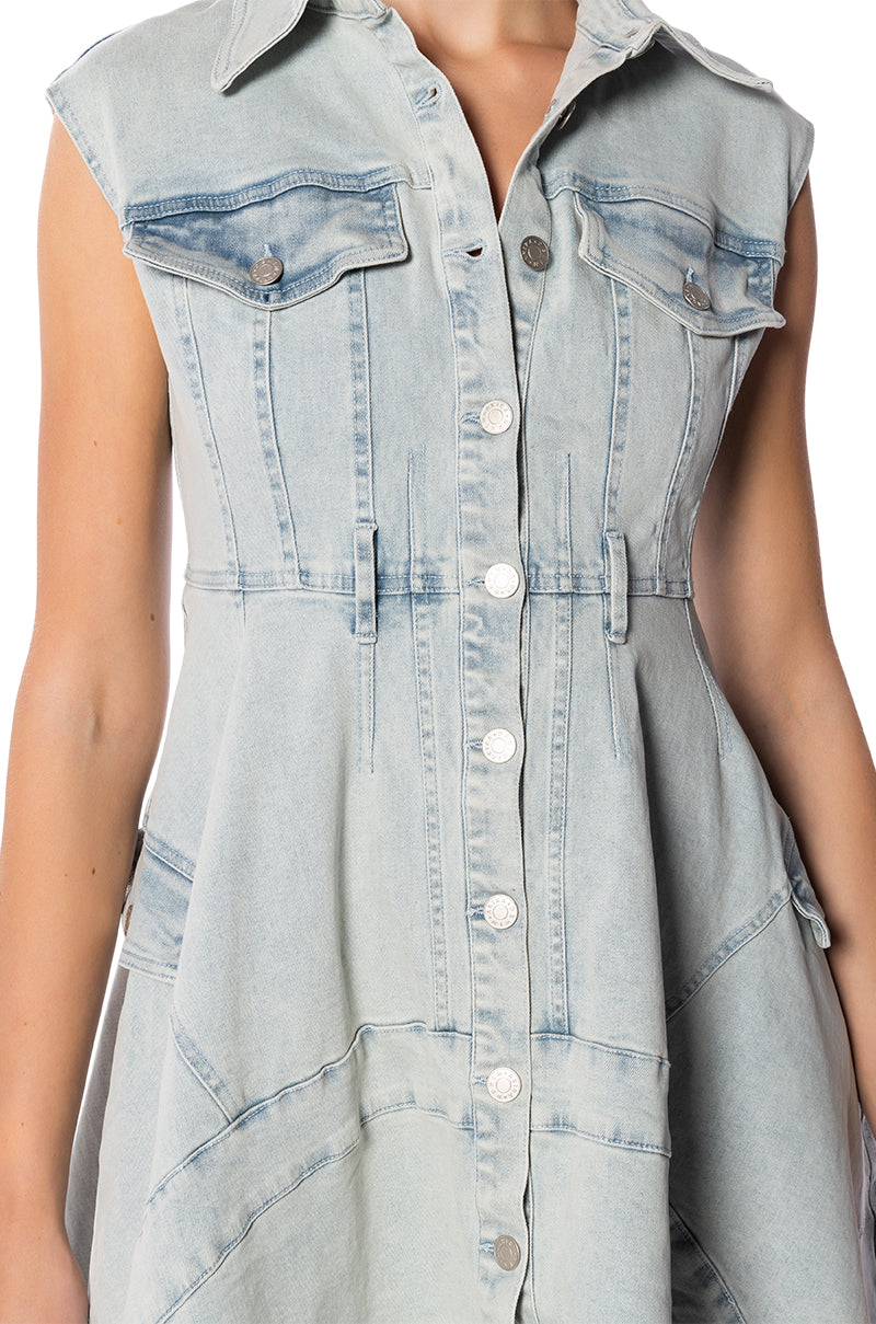 WINONA CAP SLEEVE BUTTON DOWN DENIM MIDI DRESS