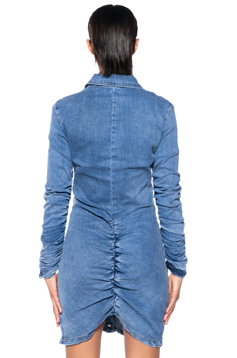 FLEX FIT RUCHED BUTTON DOWN LONG SLEEVE MINI DRESS