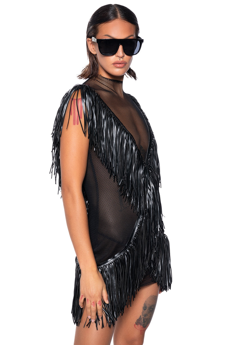 SHAKE YOUR TAIL FEATHERS FRINGE MESH MINI DRESS