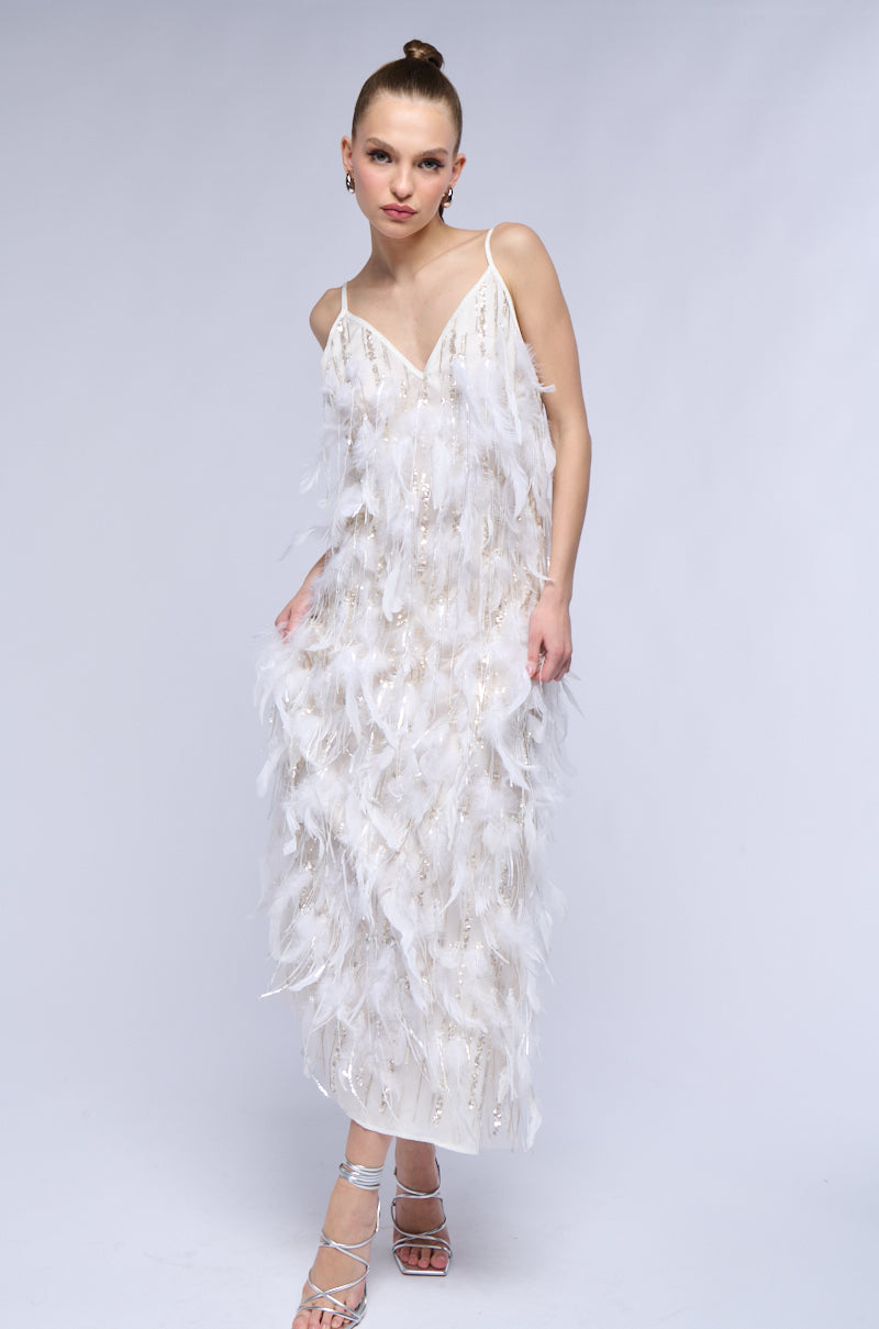 DREAM GIRL FEATHER EMBELLISHED MAXI DRESS