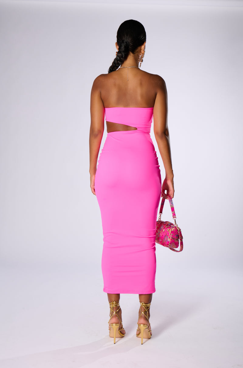 WOKE UP LIKE THIS STRAPLESS CUT OUT MIDI DRESS IN PINK