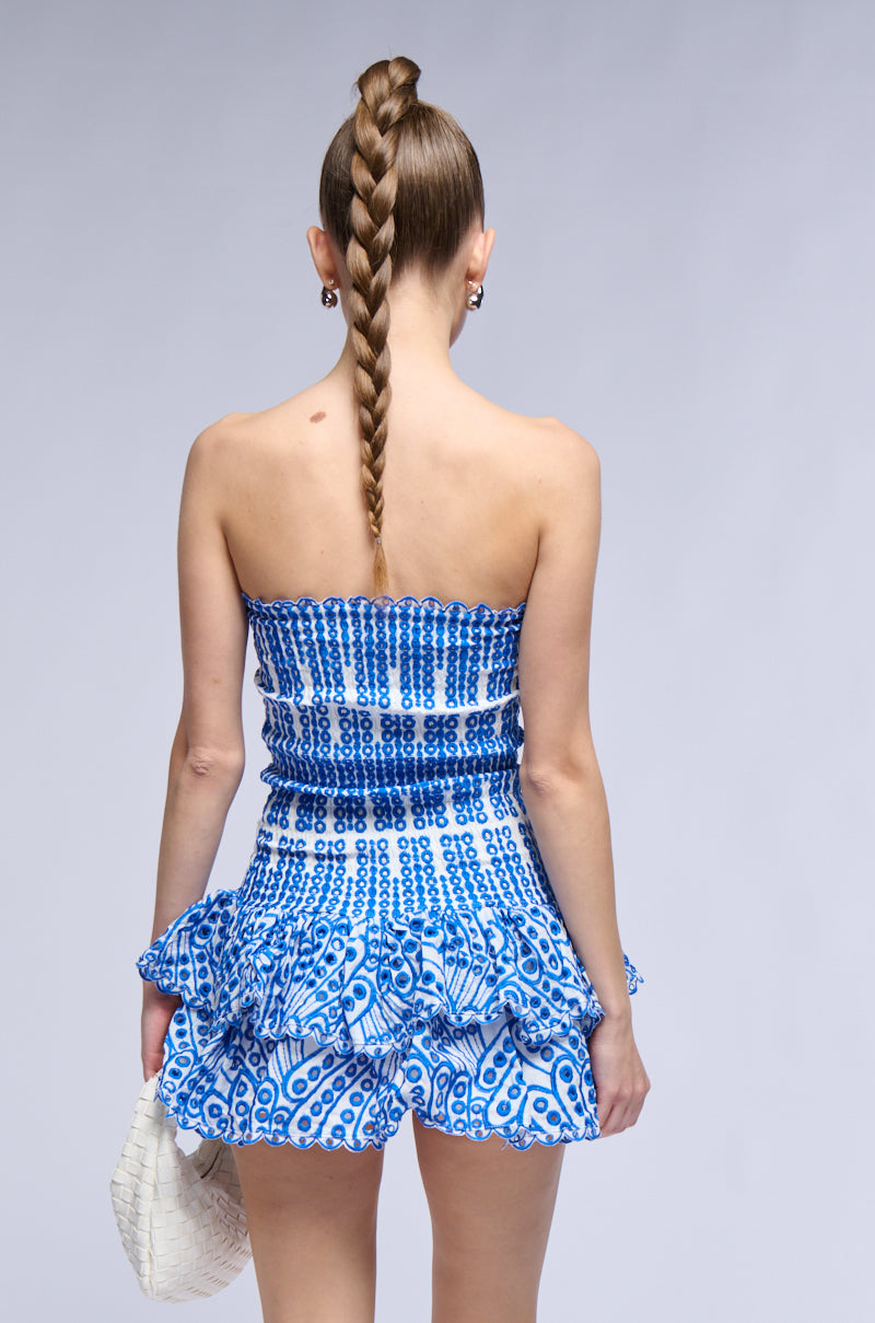 SUMMER OF LOVE SMOCKED EYELET STRAPLESS MINI DRESS