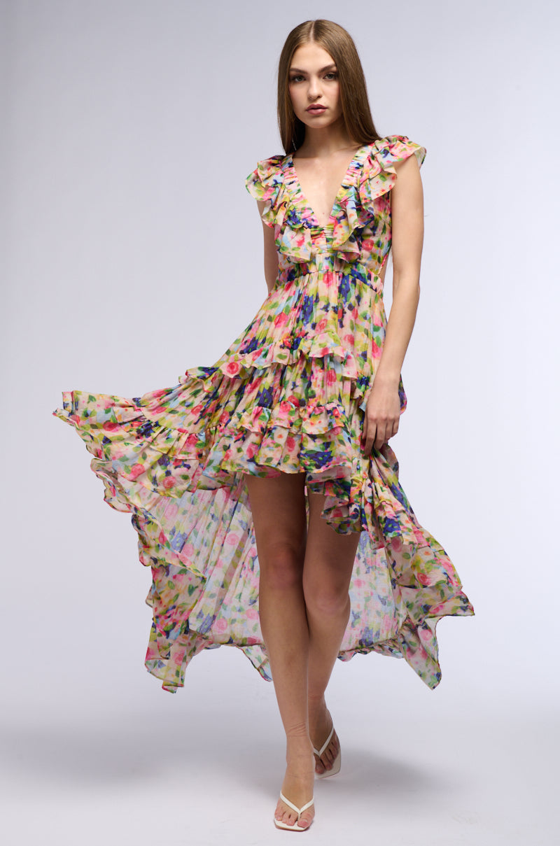 A WORK OF ART PRINTED HIGH LOW MINI DRESS