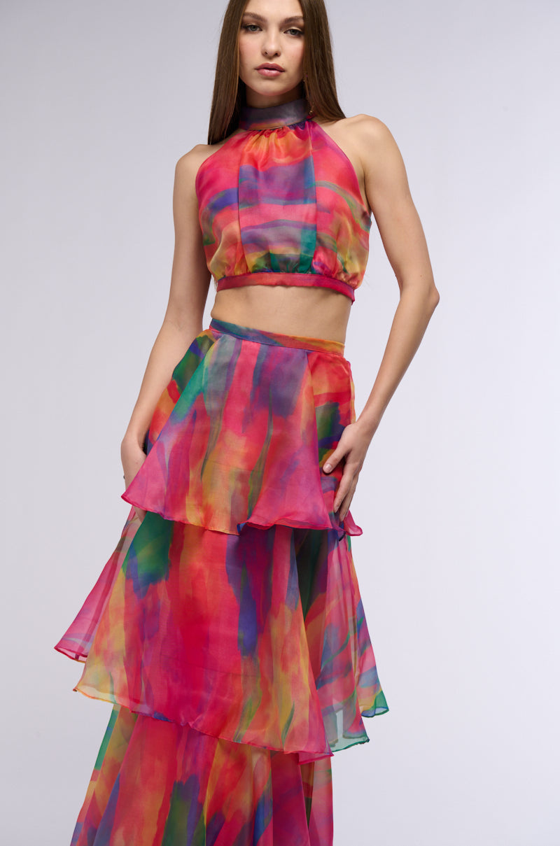 HOT TODDY PRINTED HALTER TOP AND MAXI SKIRT TWO PIECE SET