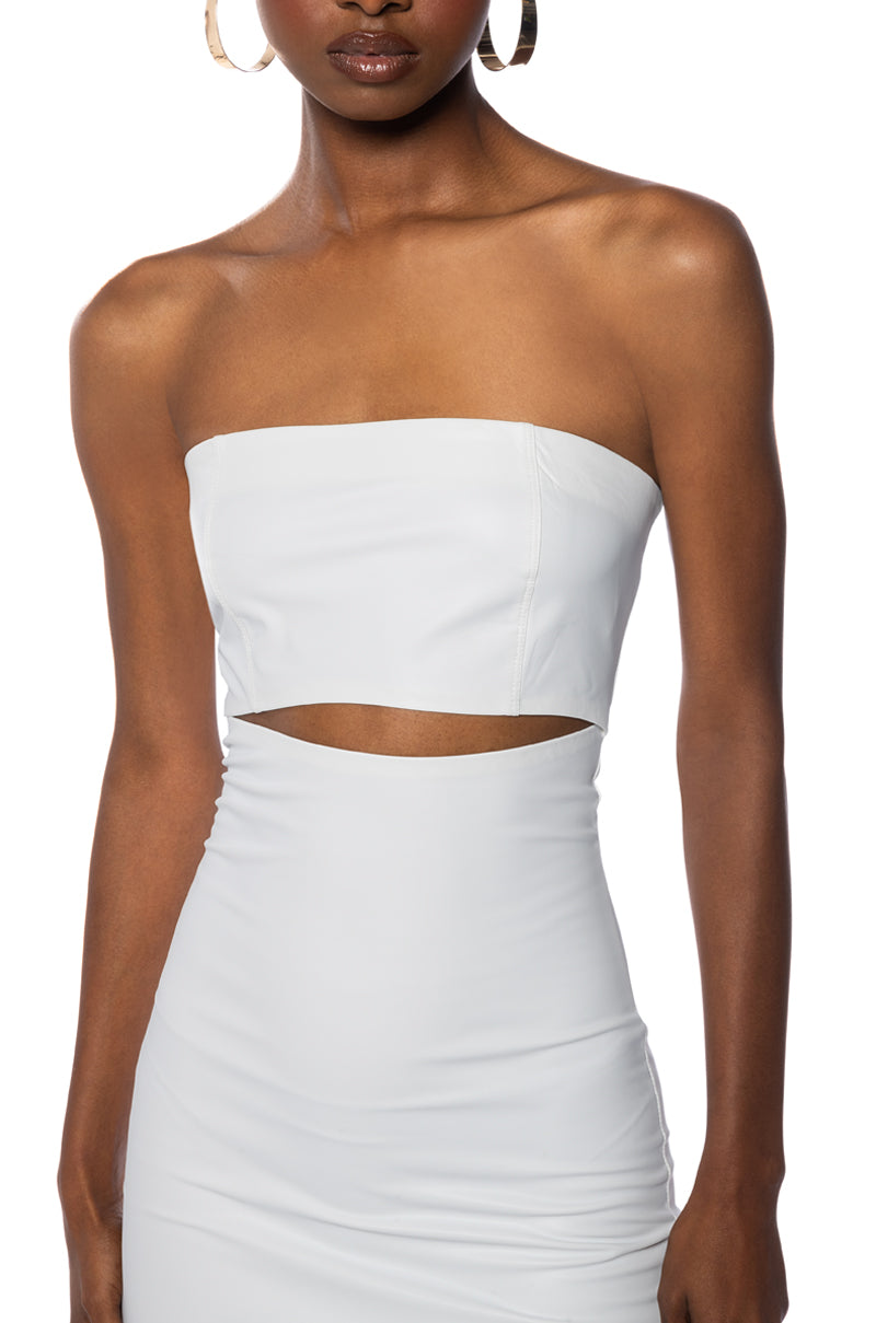 PRETTY LADY PLEATHER CUT OUT MIDI DRESS WITH 4 WAY STRETCH IN WHITE