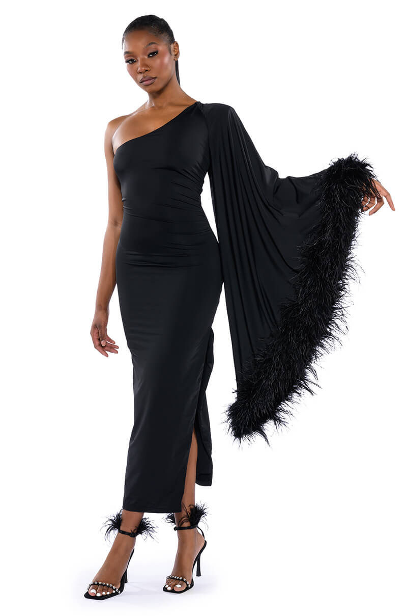 BRING THE DRAMA ONE SLEEVE FEATHER DRESS