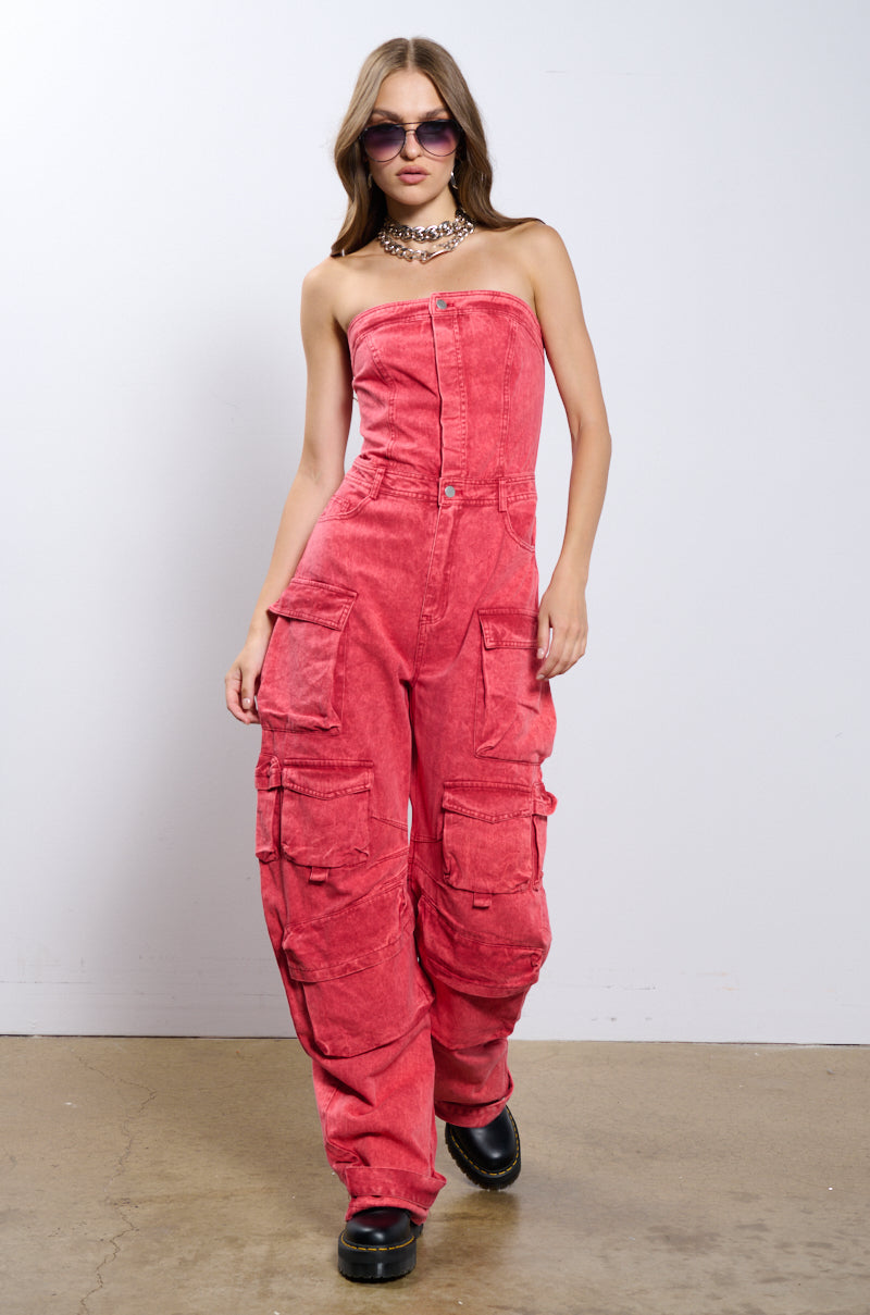 NO ONE LIKE ME CARGO DENIM JUMPSUIT IN RED