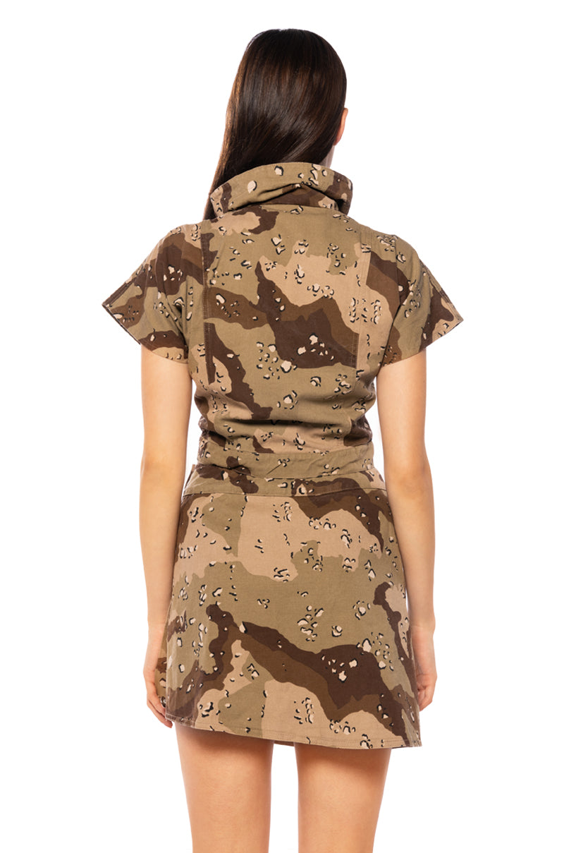 WE RIDE CAMO BUTTON DOWN AND MINI SKIRT SET IN BROWN