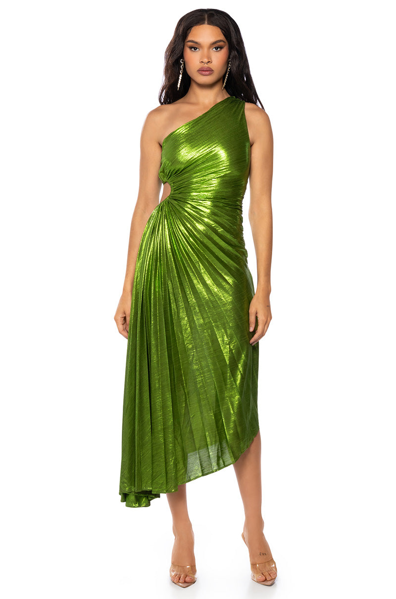 ELEVATE ME PLEATED CUT OUT METALLIC MIDI DRESS