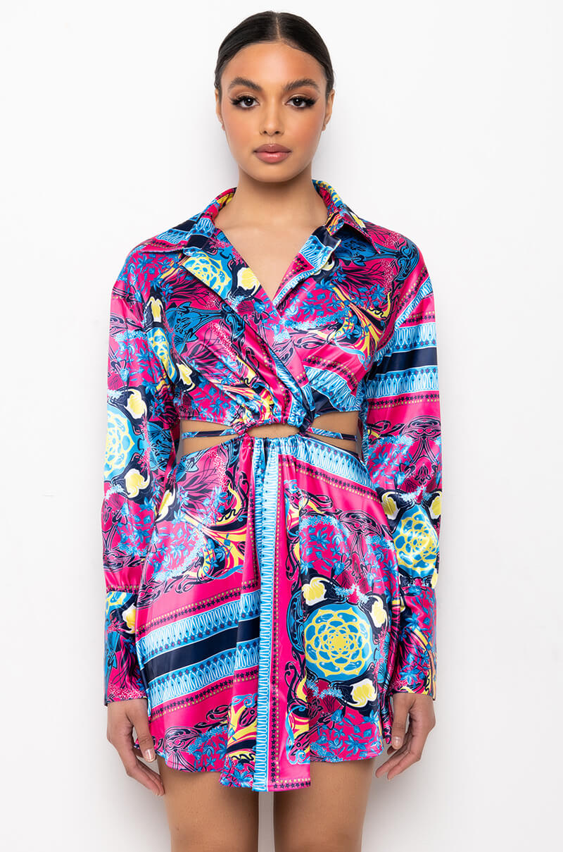 TIE BACK SCARF PRINT SHIRT DRESS