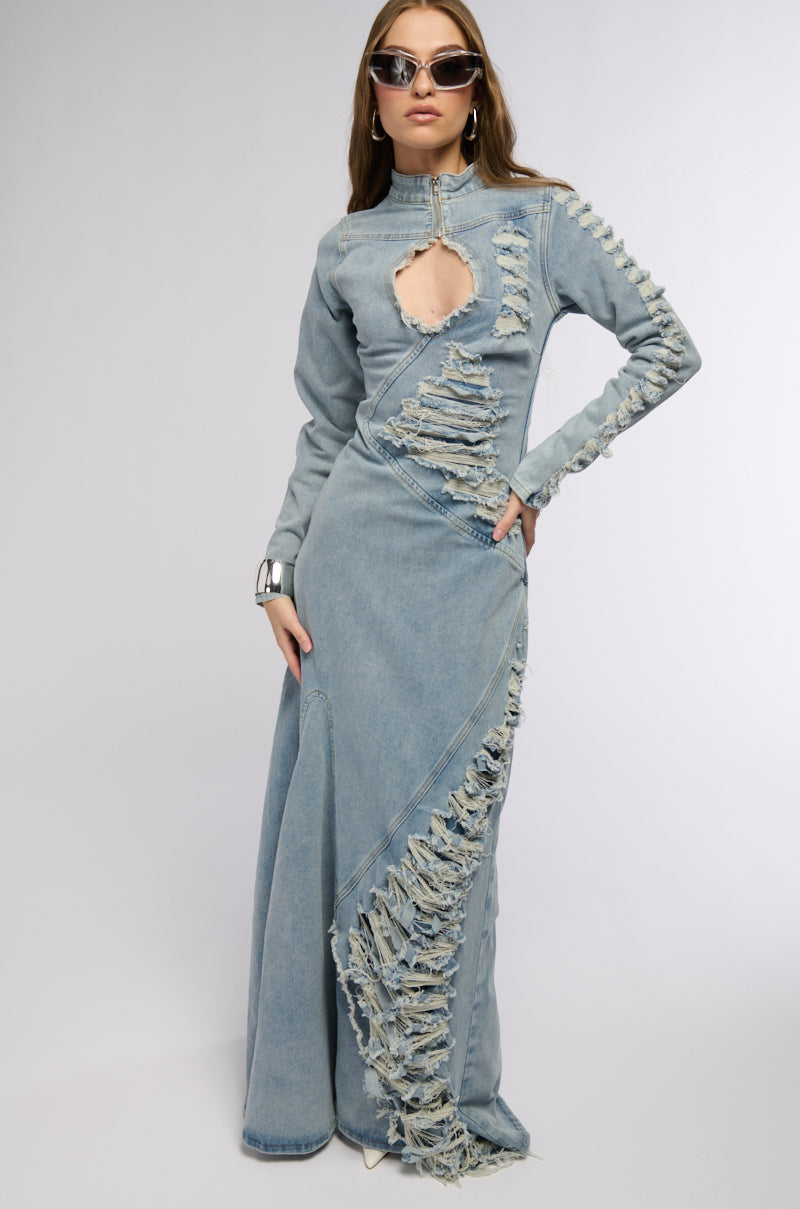 ON THE EDGE DISTRESSED DENIM MAXI DRESS