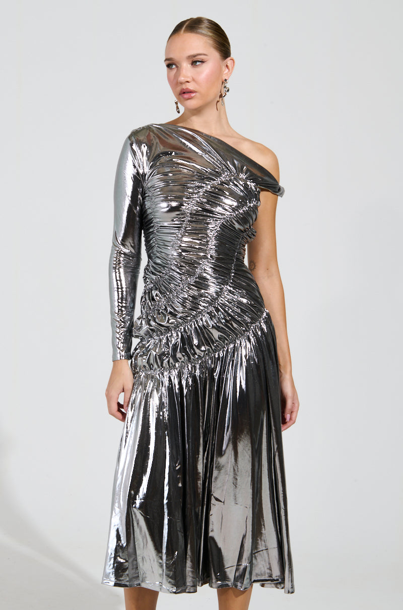 TURN BACK TIME SILVER METALLIC MIDI DRESS