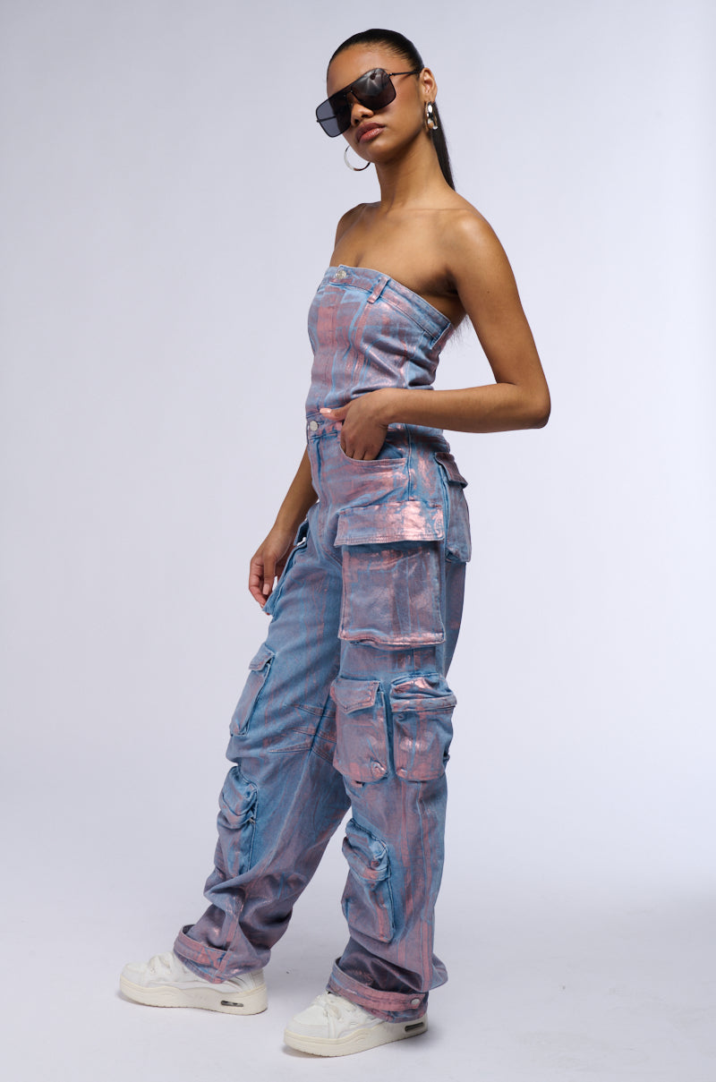 STAR OF THE SHOW METALLIC DENIM JUMPSUIT IN ROSE GOLD