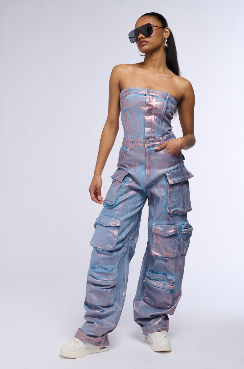 STAR OF THE SHOW METALLIC DENIM JUMPSUIT IN ROSE GOLD