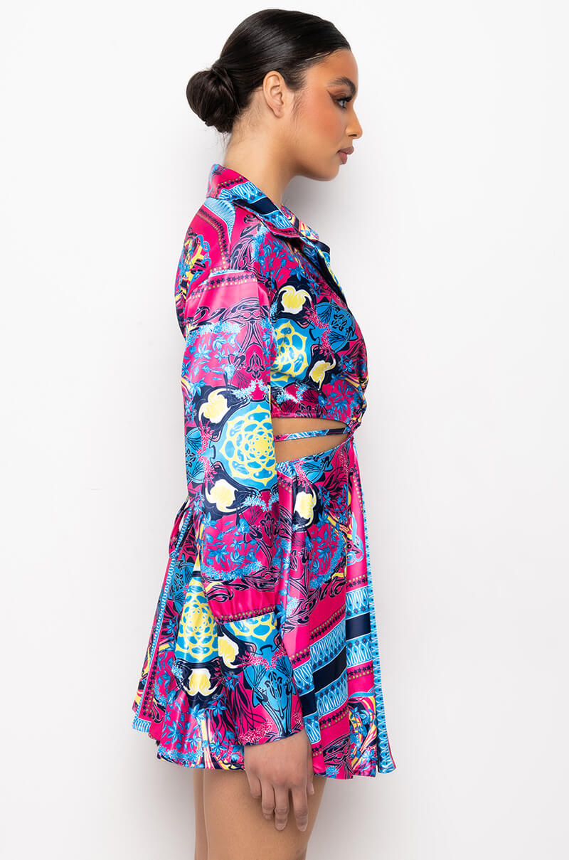 TIE BACK SCARF PRINT SHIRT DRESS