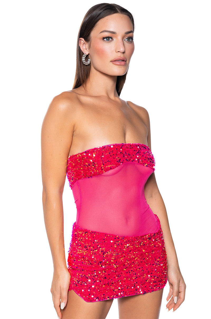 ENJOY THE VIEW MESH PANEL SEQUIN MINI DRESS