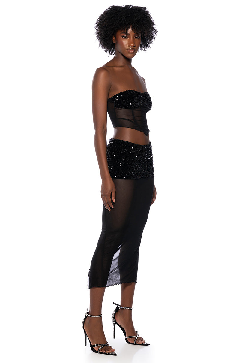 LETS GO OUT SHEER SPARKLE CORSET TOP AND MIDI SKIRT SET