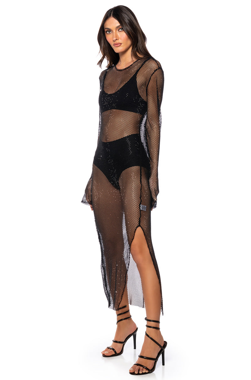 STAR OF THE NIGHT MESH LONGSLEEVE MAXI DRESS IN BLACK