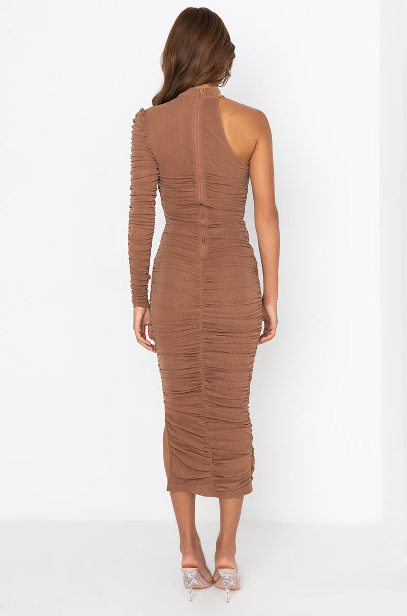 GET IT RIGHT MOCK NECK ONE SLEEVE MIDI DRESS