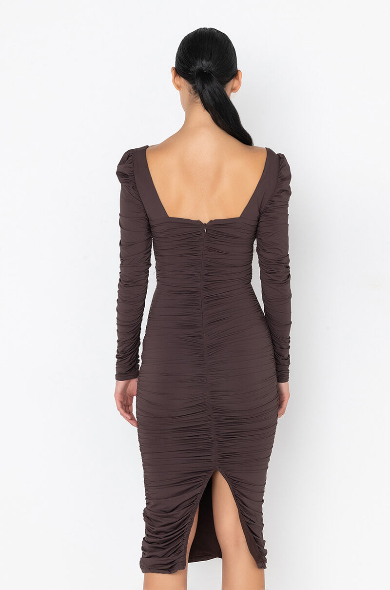GOT THEM WONDERIN' LONG SLEEVE MIDI RUCHED DRESS