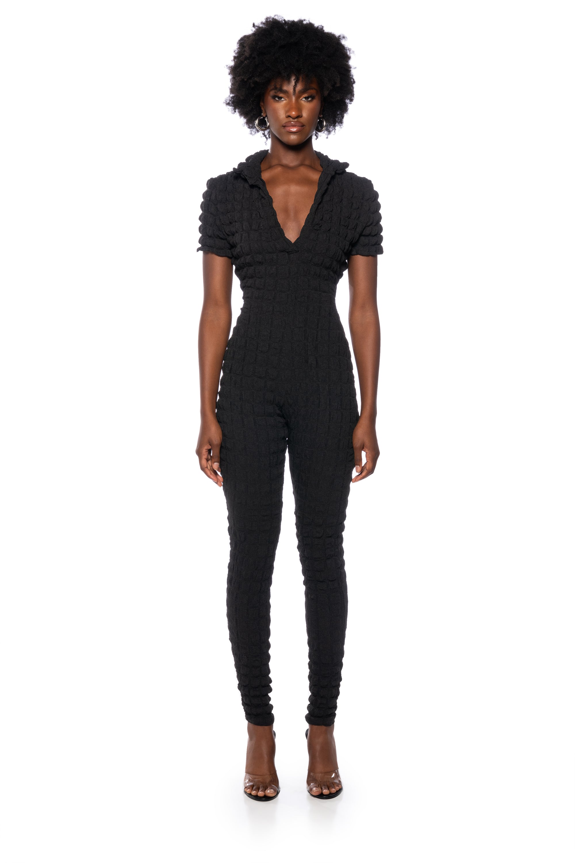 MAKE ME BELIEVE TEXTURED SHORT SLEEVE JUMPSUIT IN BLACK