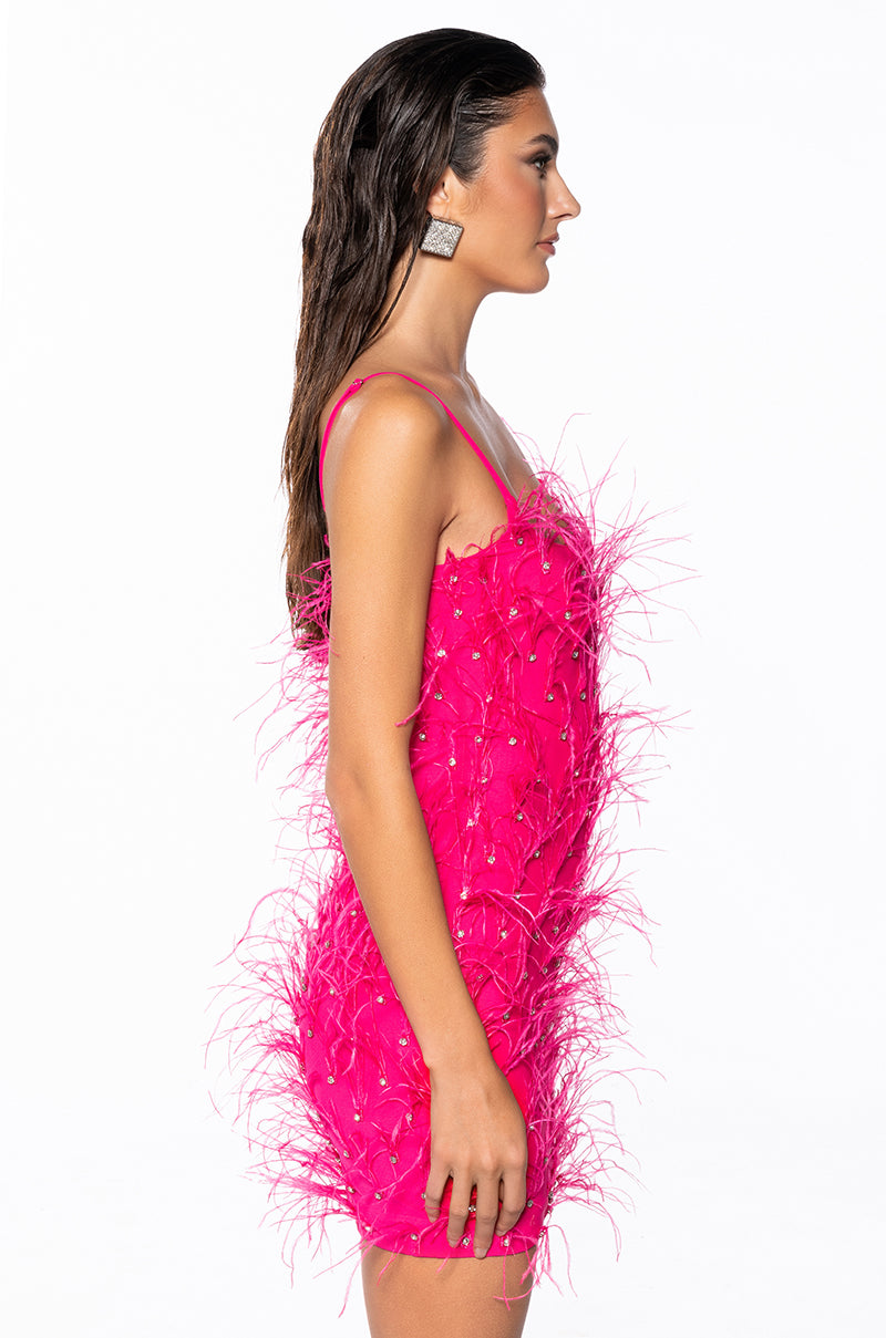 STAR OF THE SHOW FEATHER MINI DRESS