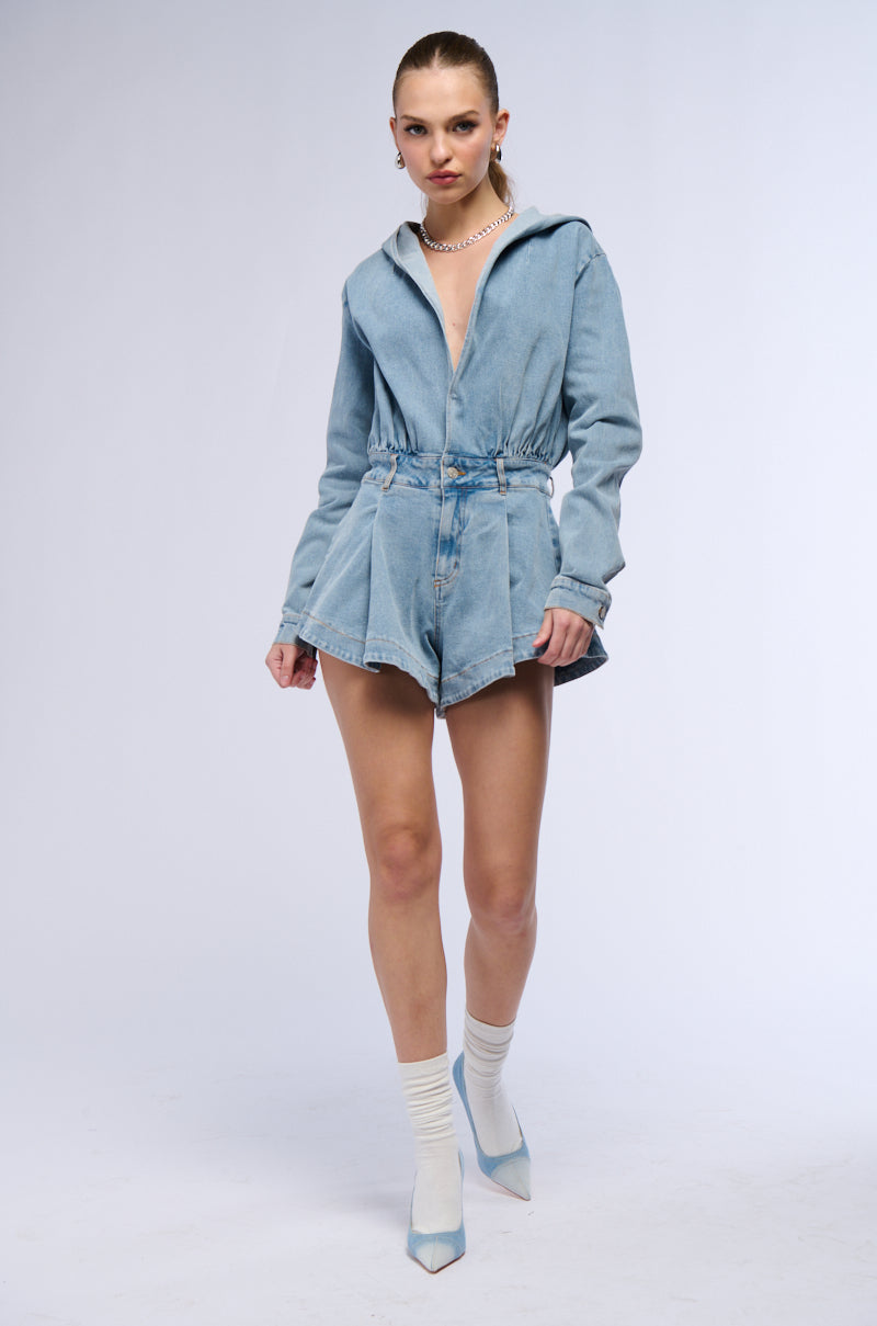 CHILL MORNING HOODED DENIM ROMPER