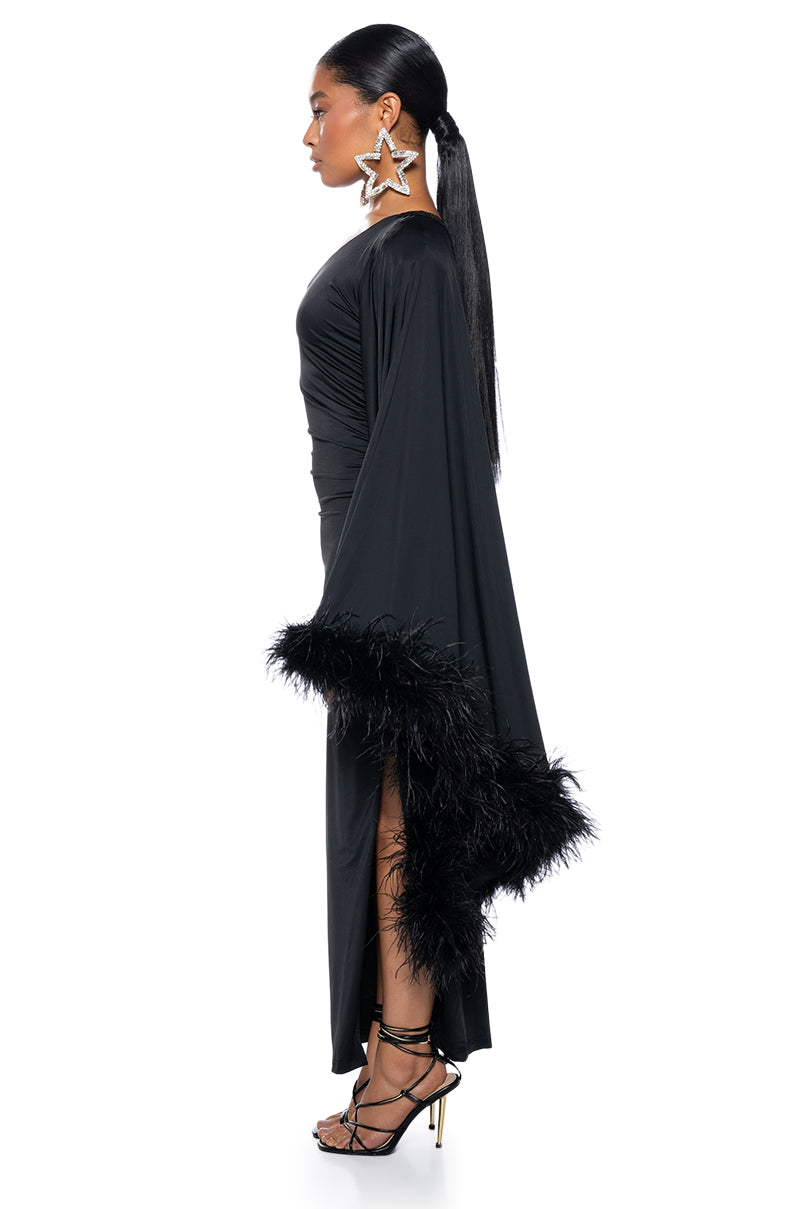 BRING THE DRAMA ONE SLEEVE FEATHER DRESS