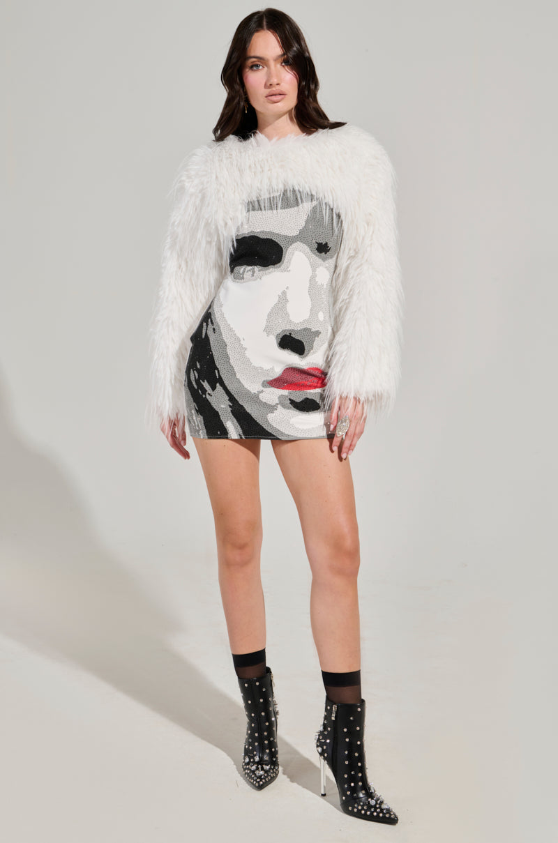 UP CLOSE SWEATER KNIT FAUX FUR MINI DRESS