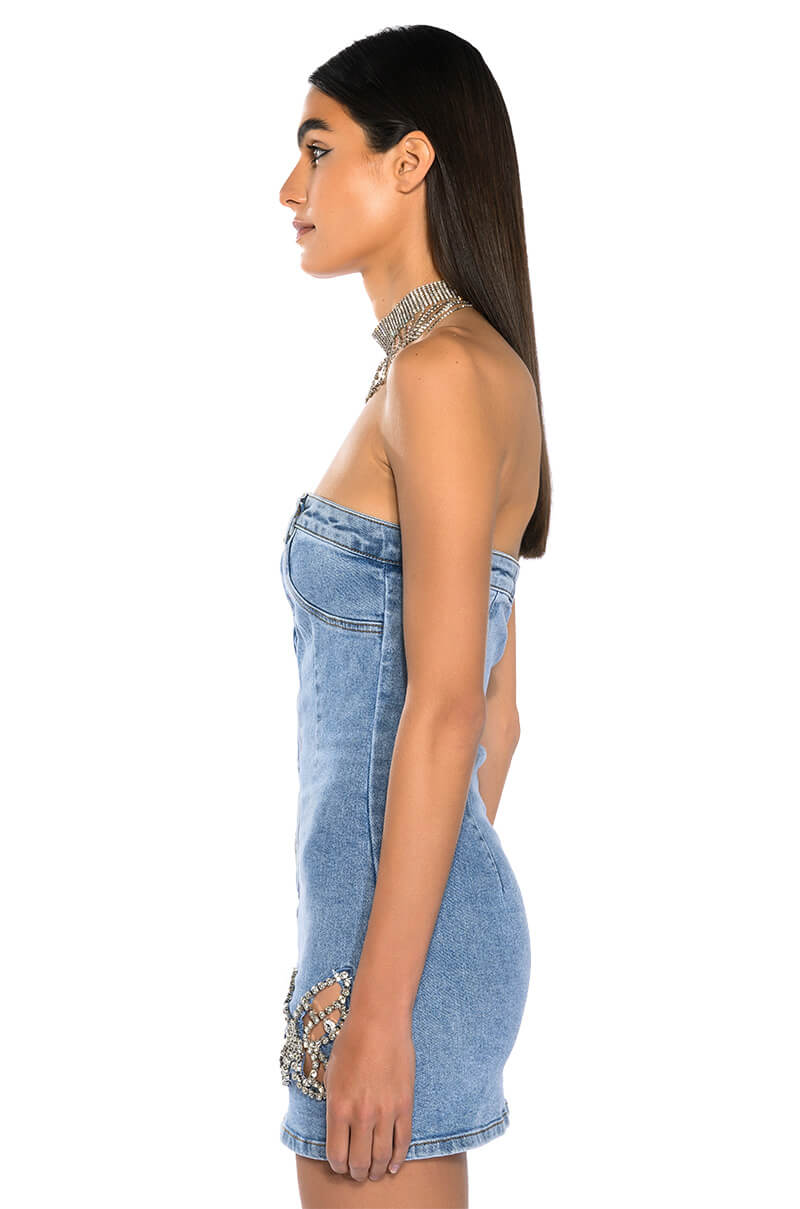 BUTTERFLY KISS EMBELLISHED DENIM MINI TUBE DRESS