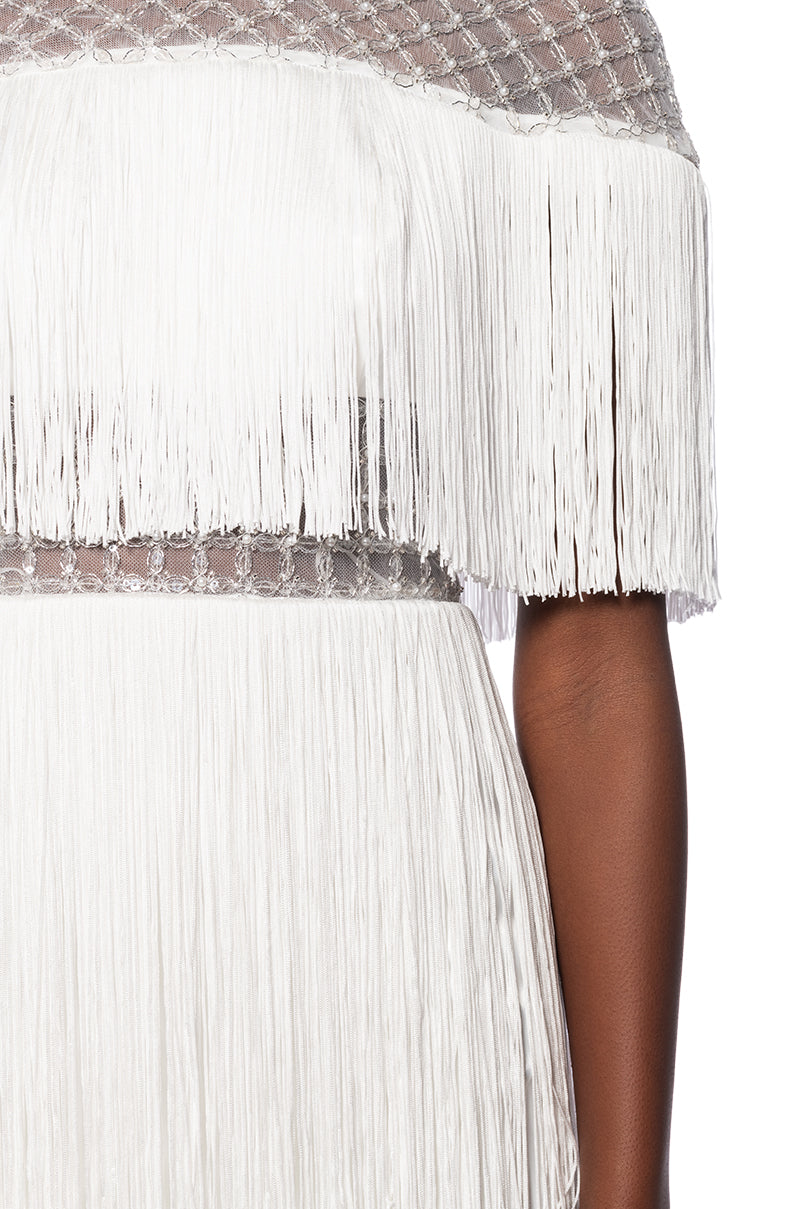 MYLAH FRINGE DETAIL SHORT SLEEVE MINI DRESS IN WHITE