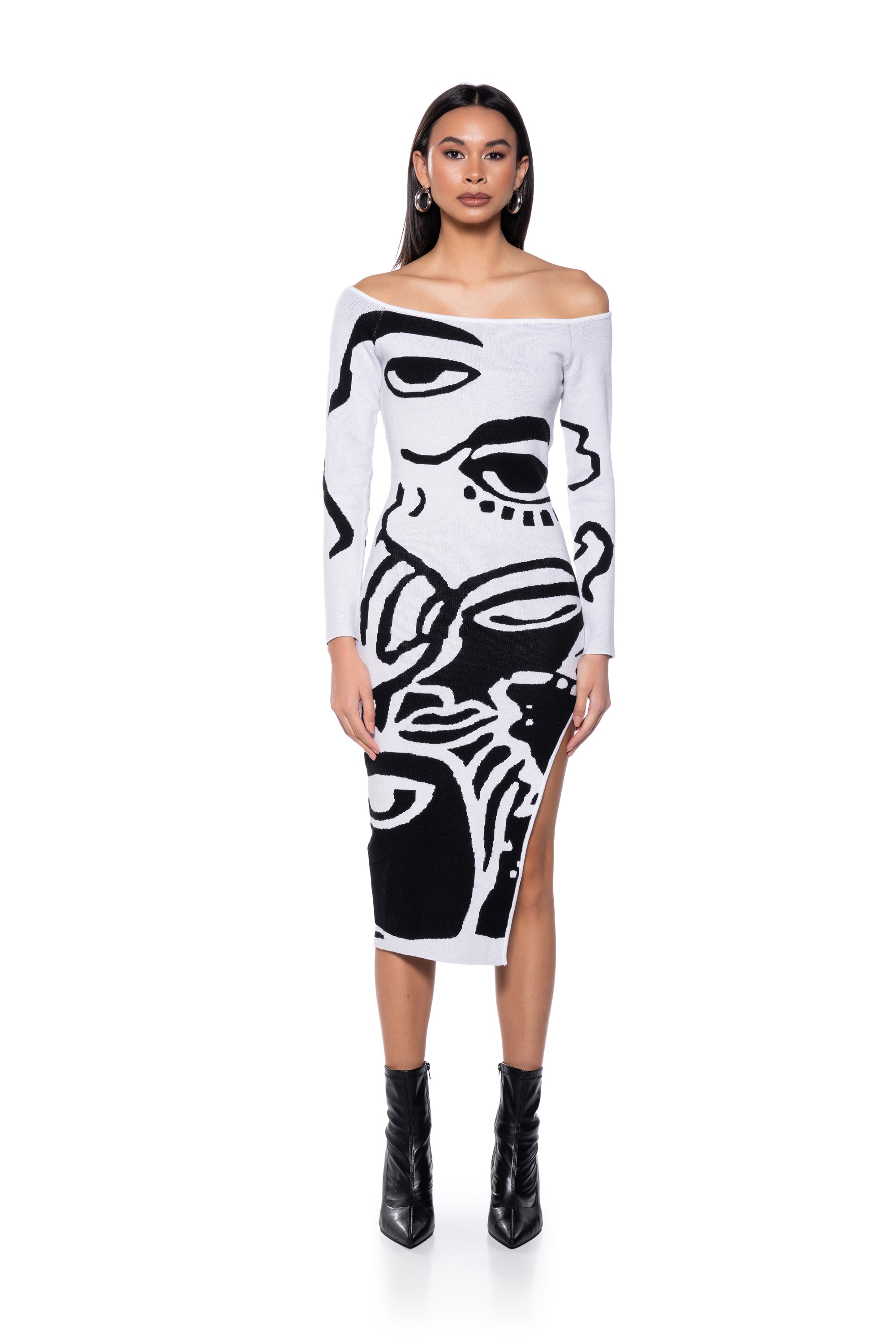 LOOK AT ME ABSTRACT PRINT KNIT MIDI DRESS