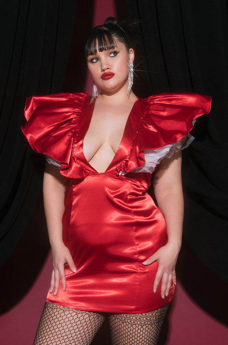PLUS BACKOFF POWER SHOULDER SATIN MINI DRESS