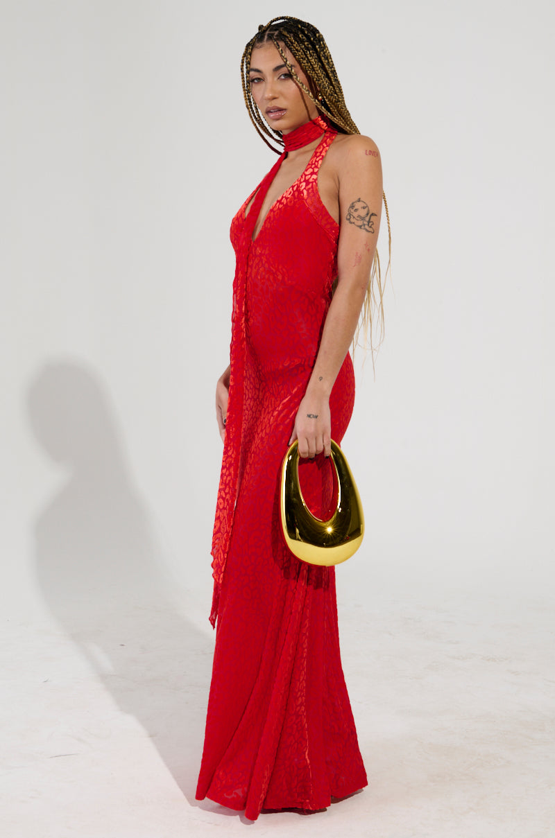 ON HOLIDAY LEOPARD PRINT VELVET MAXI DRESS WITH SCARF IN RED