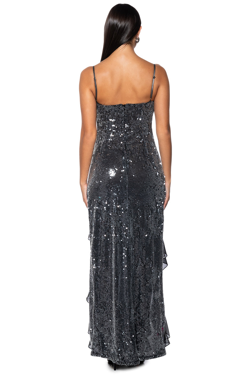 METALLIC DREAMS SEQUIN RUFFLE MAXI DRESS